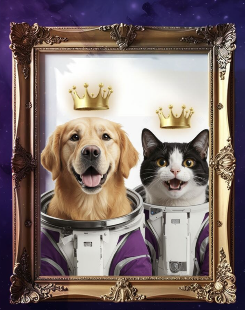 Golden Retriever y gato astronautas con corona — LAIKA Member